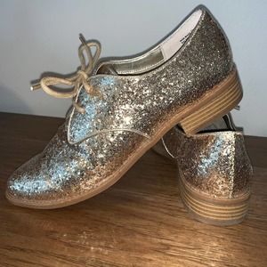 Seychelles Gold Sparkle Glitter "Welcome Back" Oxfords Size 8.5